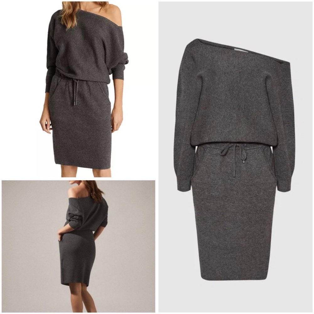 Reiss Size L Amara Off Shoulder Draped Knit Dress Dark Gray Alpaca Wool Blend